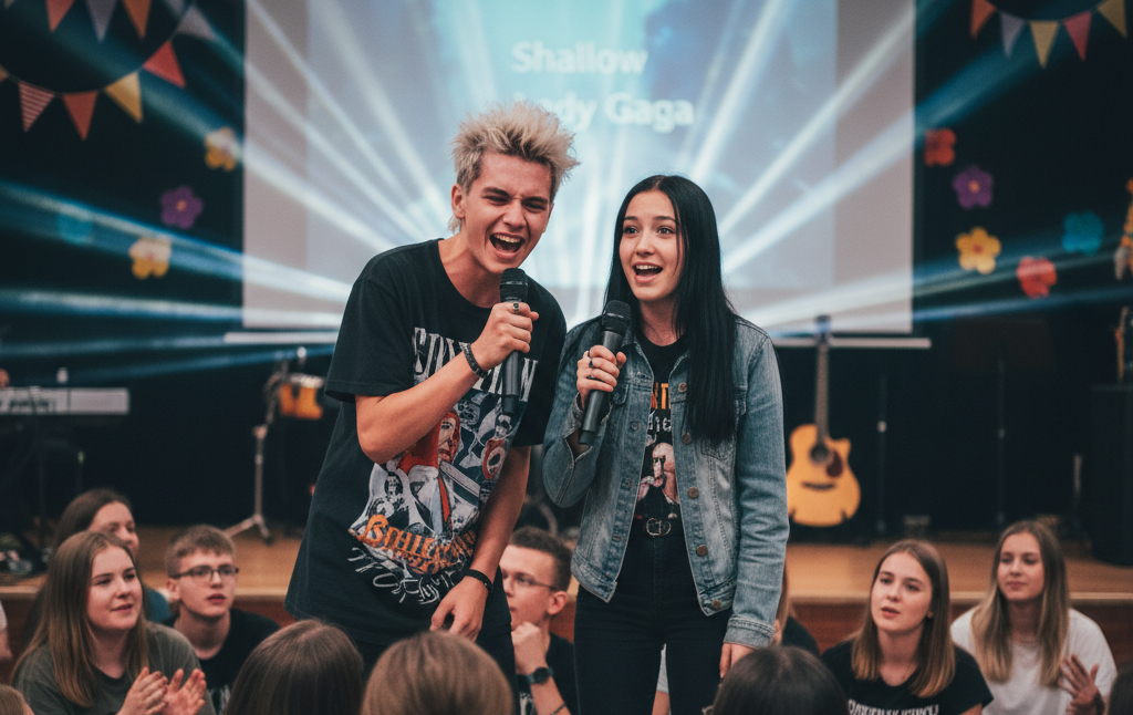 Karaoke, czyli jedna z wieczornych atrakcji obozu młodzieżowego nad morzem