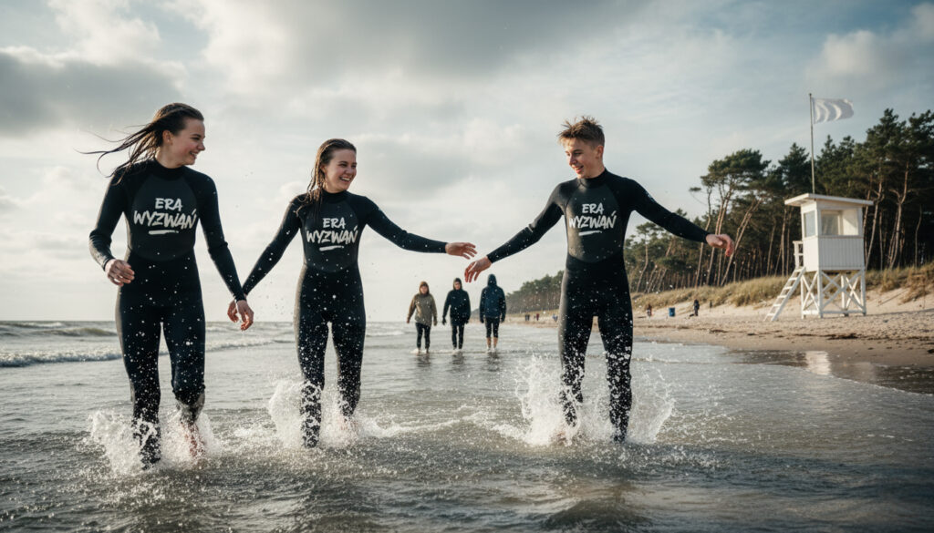 Uczestnicy obozu młodzieżowego wygłupiający się w morzu w piankach z logo Era Wyzwań