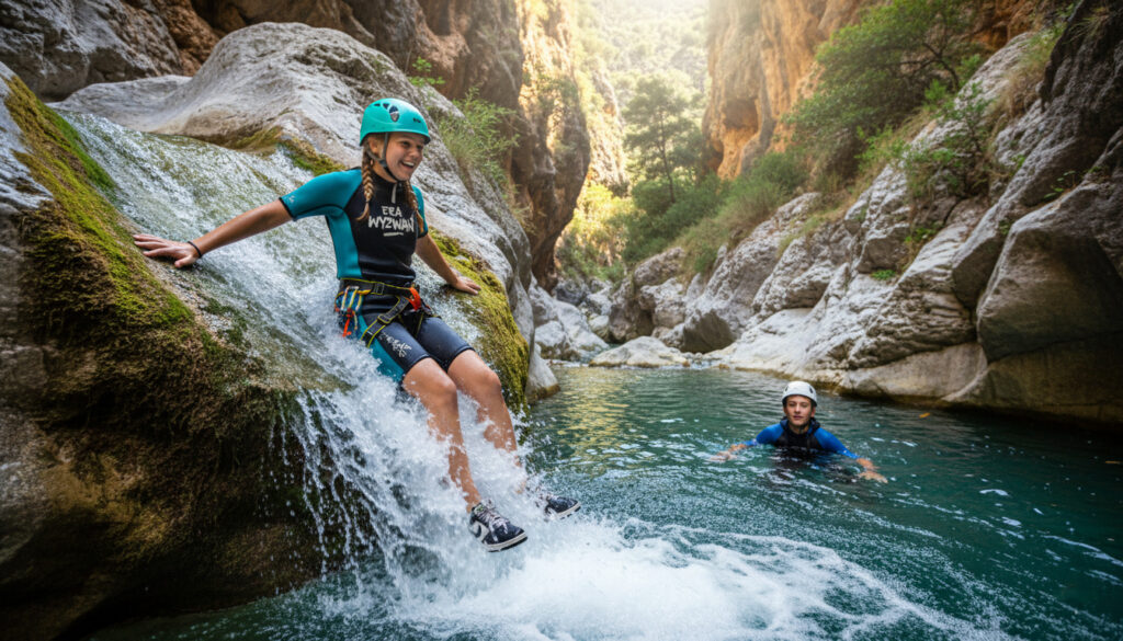 Dziewczyna, która zjeżdża z naturalnej zjeżdżalni w piance z logiem - Era Wyzwań