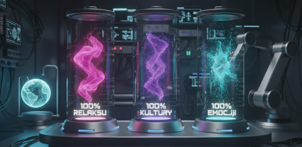 Infografika przedstawiająca kluczową strategie marki Era Wyzwań z napisem: 100% Relaksu, 100% Kultury i 100% Energii