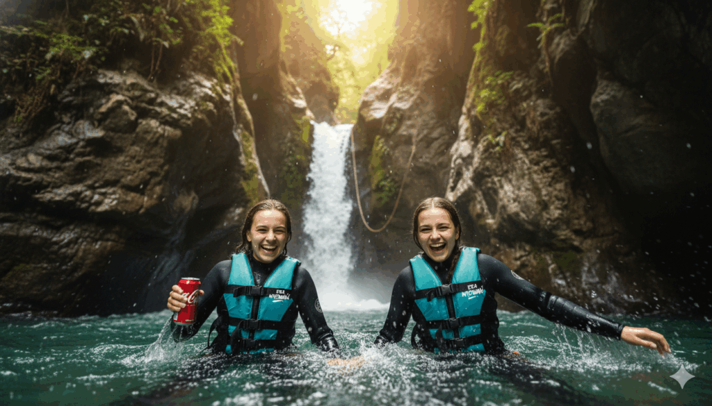 Uśmiechnięte dziewczyny w kapokach podczas Canyoningu