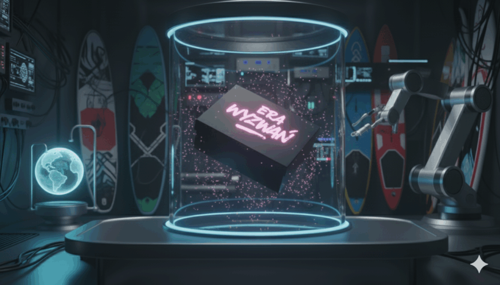 Pudełko z logiem "Era Wyzwań" lewitujące w nowoczesnym laboratorium