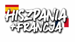 Napis "Hiszpania + Francja" z flagą Hiszpanii oraz flagą Francji