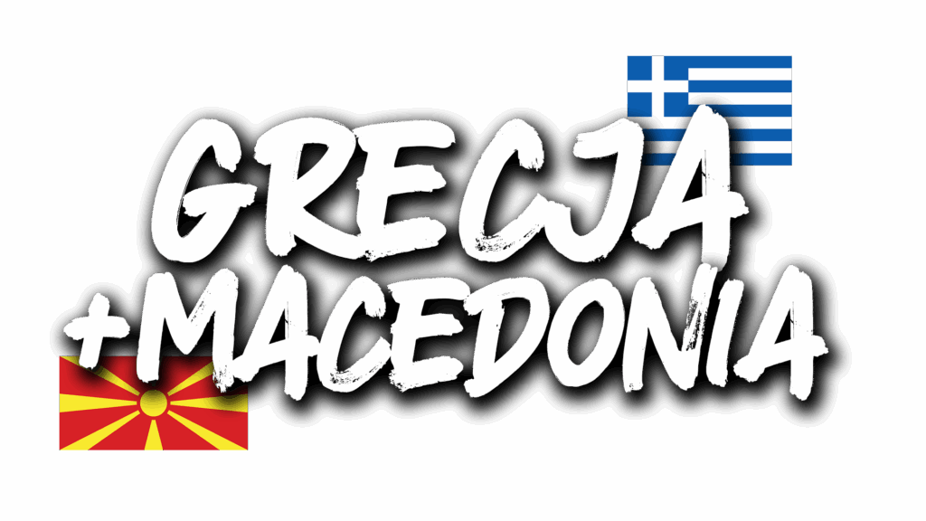 Napis "Grecja + Macedonia" z flagą Grecji i flagą Macedonii Północnej