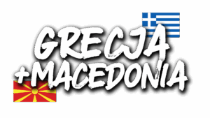 Napis "Grecja + Macedonia" z flagą Grecji i flagą Macedonii Północnej