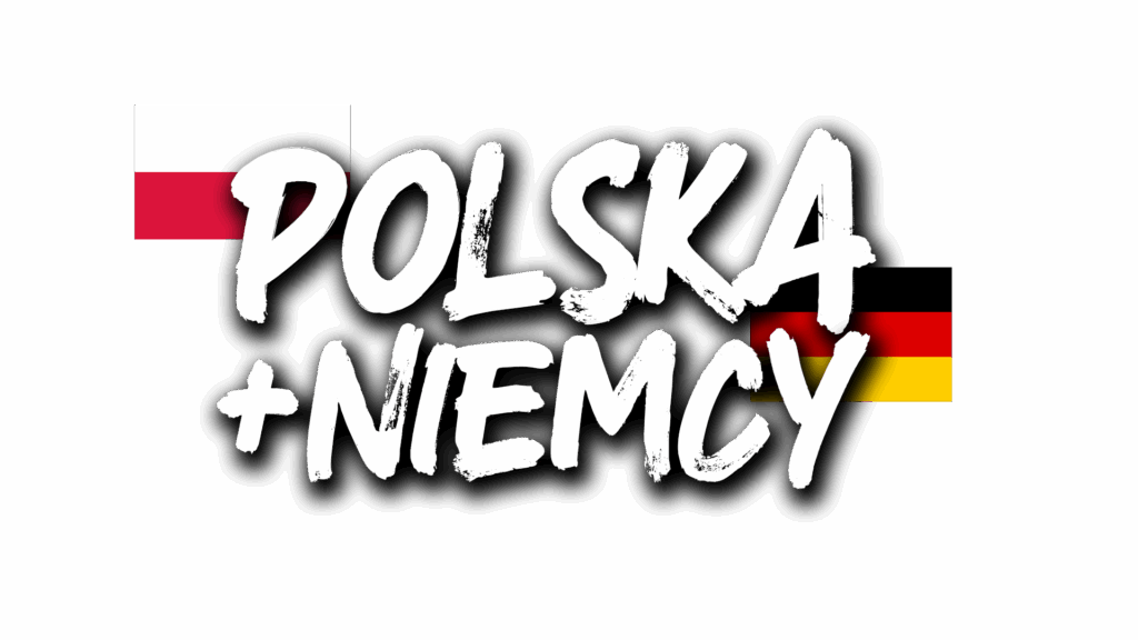 Napis "Polska + Niemcy" z flagą Polski i flagą Niemiec