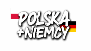 Napis "Polska + Niemcy" z flagą Polski i flagą Niemiec