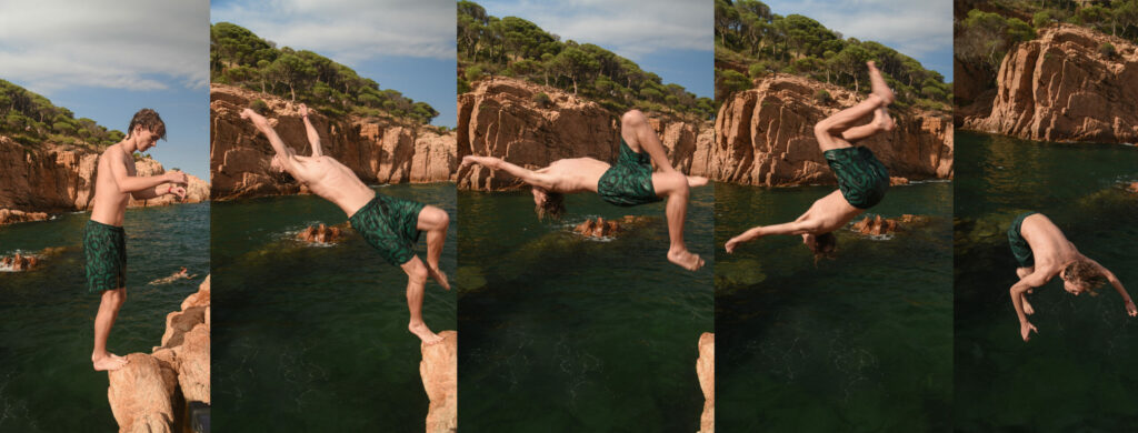 Zdjęcia uczestnika obozu Era Wyzwań pokazujące kilka etapów backflipa do wody