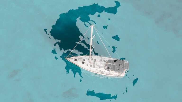 Grafika przedstawiająca Rejs statkiem, czyli jedną z atrakcji obozu młodzieżowego do Grecji