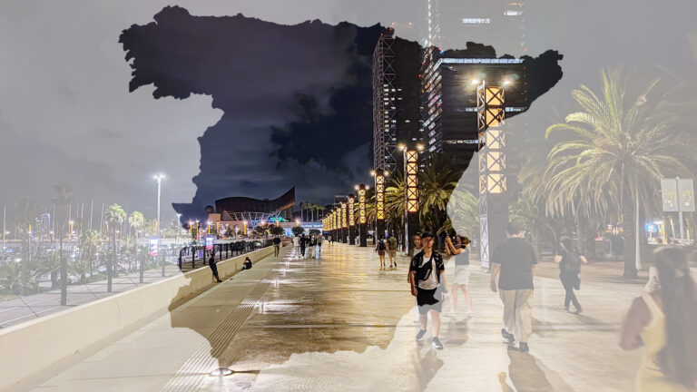 Grafika przedstawiająca Barcelonę w godzinach wieczornych