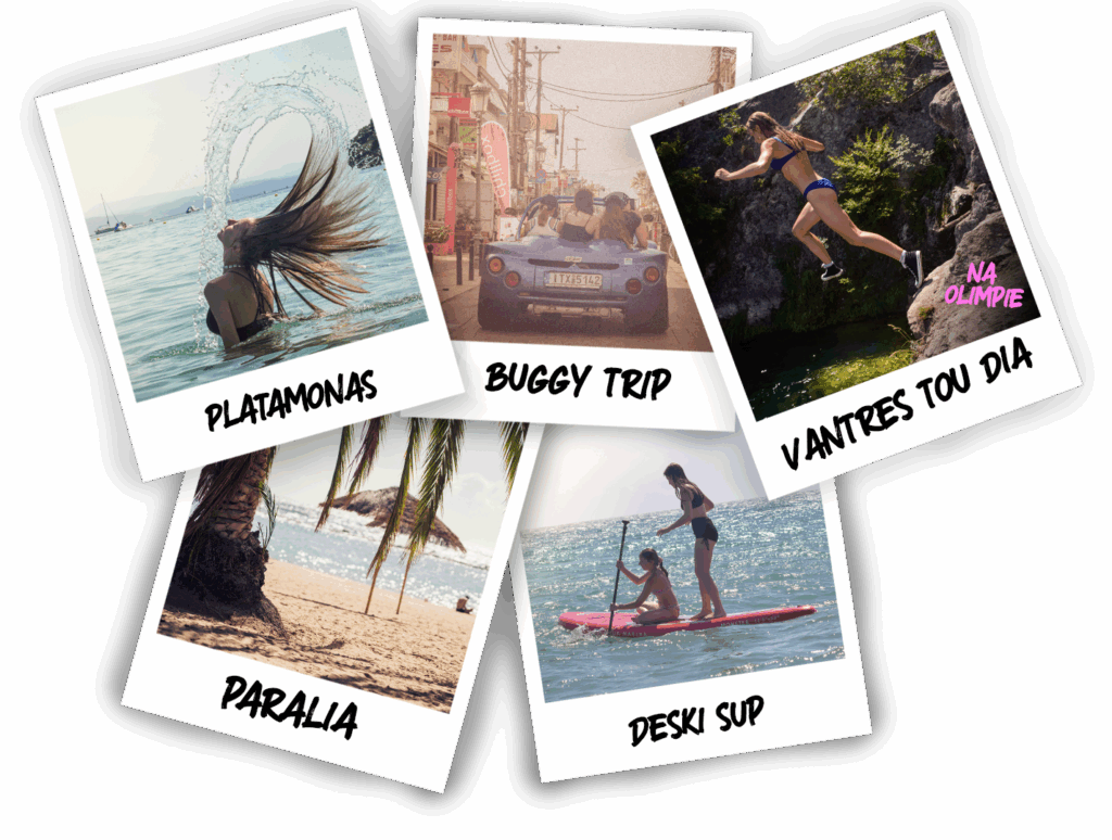 Infografika ze zdjęciami polaroid, która ma pokazać atrakcje związane z relaksem jak deski SUP, Buggy Trip czy plażę w Parali