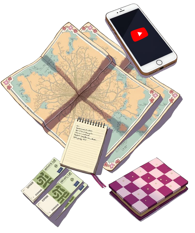 Infografika z mapą i innymi elementami gry miejskiej