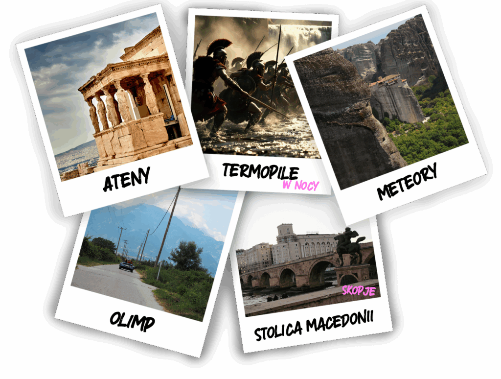 Infografika ze zdjęciami polaroid która przedstawia kulturalne atrakcje jak Akropol, Termopile czy Meteory, które odwiedzimy podczas obozu młodzieżowego z Erą Wyzwań