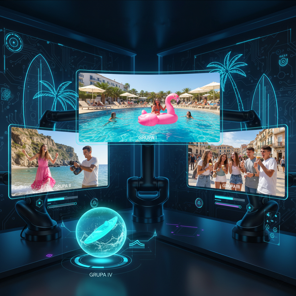 Grafika przedstawiająca 3 ekrany w nowoczesnym laboratorium podróżniczym, na jednym ekranie jest grupa robiąca zdjęcia, na drugim odpoczywająca w basenie, a na trzecim podczas wyjścia na lody. Obok ekranów jest hologram z kajakiem