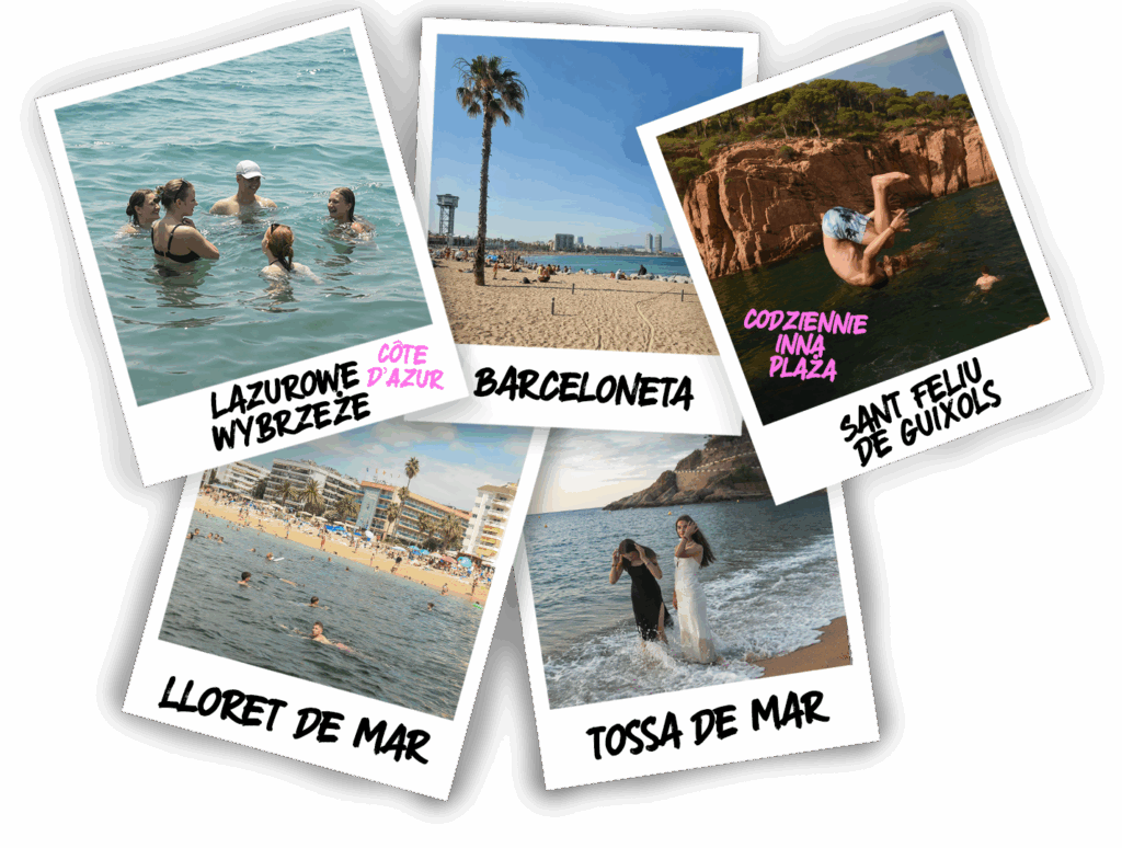 Grafika ze zdjęciami polaroid z miejsc gdzie będziemy odpoczywać na obozie młodzieżowym do Hiszpanii i Francji jak Lazurowe Wybrzeże, czy Lloret de Mar