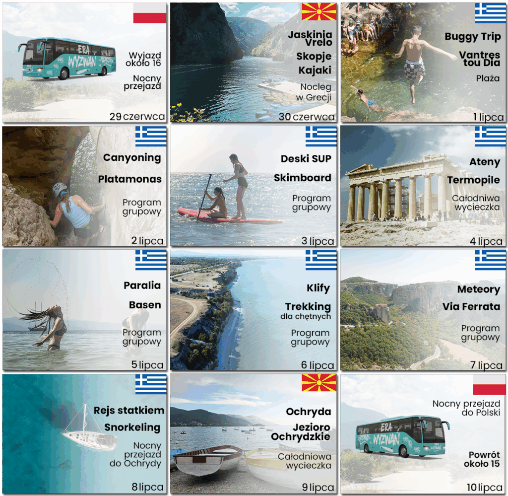 Kalendarz przedstawiający program obozu młodzieżowego do Grecji