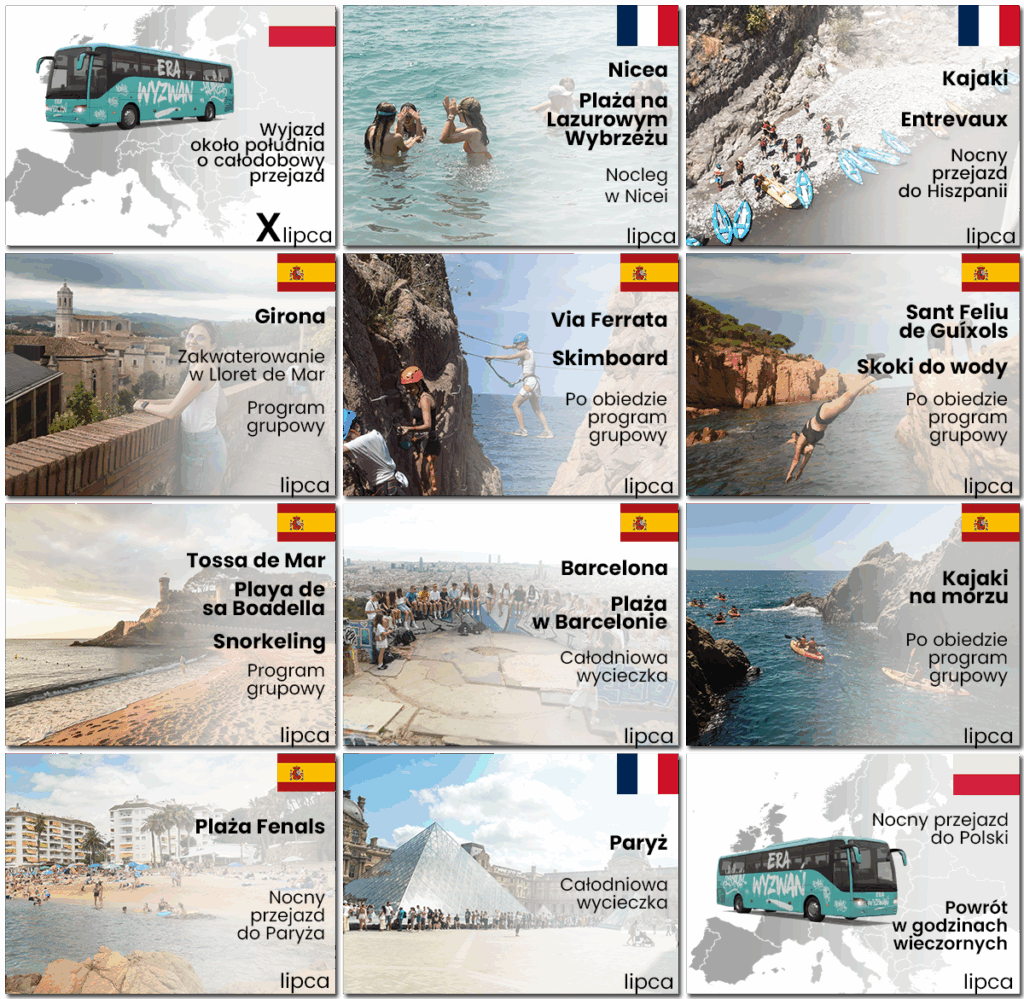 Graficzny 12-dniowy kalendarz obozu Era Wyzwań w Hiszpanii i Francji, pokazujący program dzień po dniu, w tym wycieczki do Nicei, Barcelony i Paryża