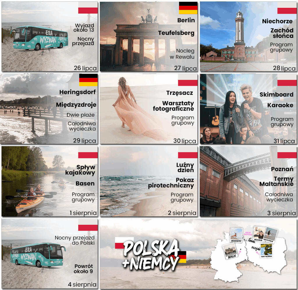 Kalendarz opisujące każdy dzień obozu młodzieżowego nad morzem w formie zdjęć oraz krótkich opisów