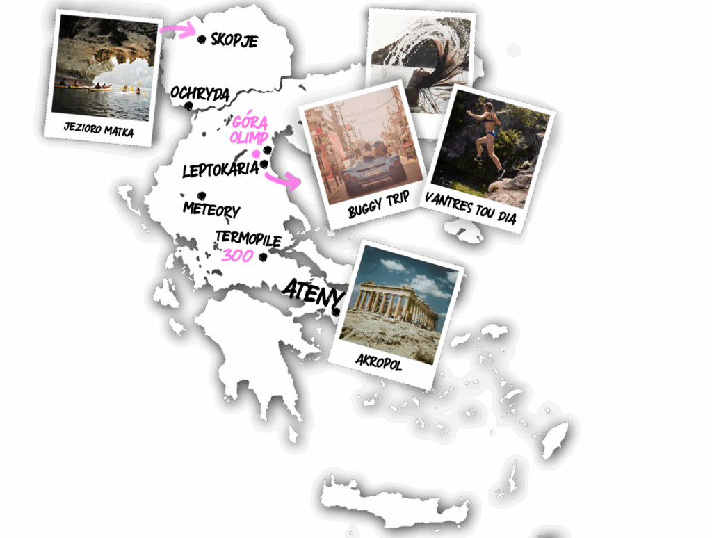 Mapa programu obozu Era Wyzwań w Grecji i Macedonii, pokazująca kluczowe atrakcje: Ateny (Akropol), Skopje, Góra Olimp i Jezioro Matka