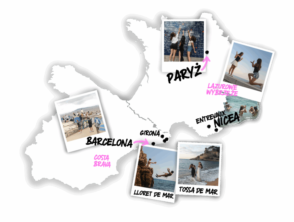 Mapa programu obozu Era Wyzwań do Hiszpanii i Francji pokazująca kluczowe atrakcje: Paryż, Barcelonę, Nicee