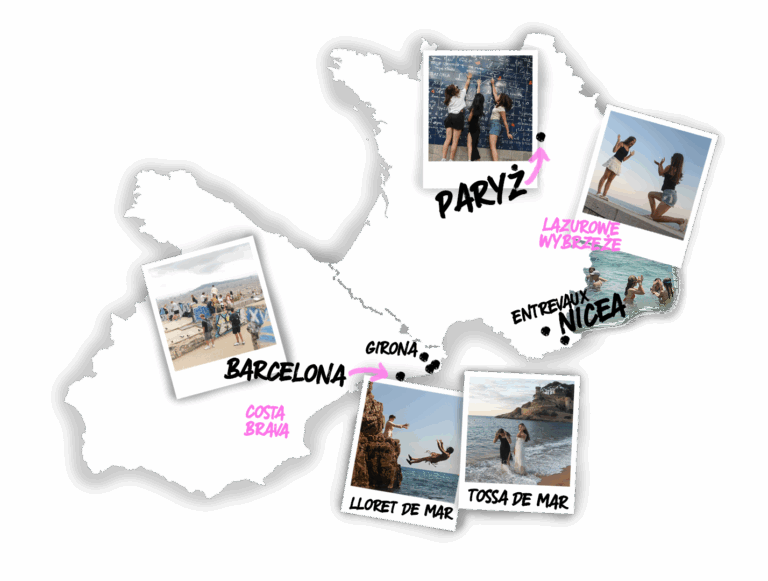 Mapa programu obozu Era Wyzwań do Hiszpanii i Francji pokazująca kluczowe atrakcje: Paryż, Barcelonę, Nicee