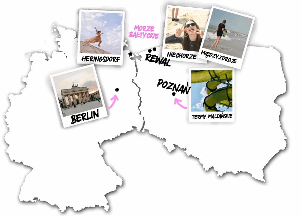 Mapa programu obozu Era Wyzwań nad morzem pokazująca kluczowe atrakcje: Berlin, Poznań, Międzyzdroje