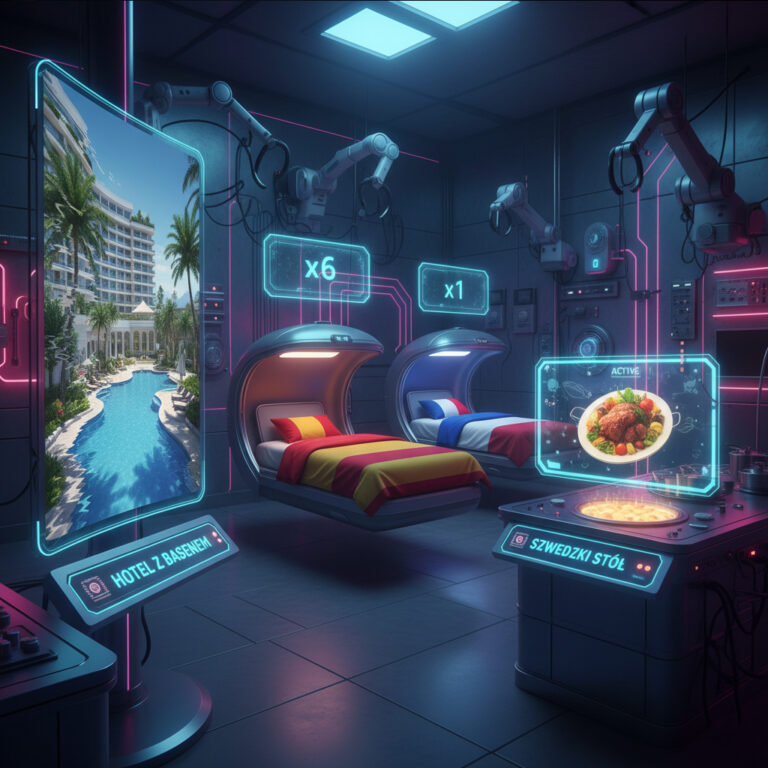 Grafika informująca, że podczas obozu będzie 6 noclegów w Hiszpani ze szwedzkim stołem oraz jeden nocleg we Francji