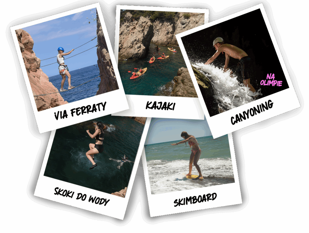 Infografika ze zdjęciami polaroid przedstawia ekstremalne atrakcje obozu jak Via Ferraty, Canyoning czy Kajaki na morzu