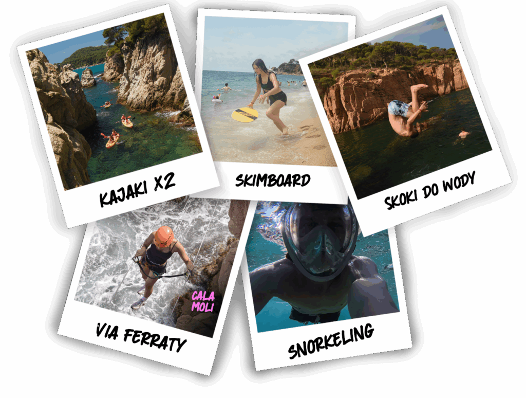 atrakcje obozu Era Wyzwań w Hiszpanii: kolaż zdjęć z kajaków, skimboardu, skoków do wody, via ferraty (Cala Moli) i snorkelingu